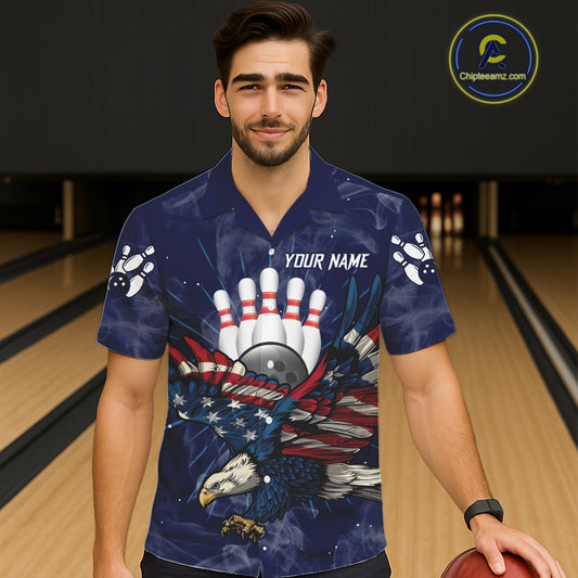 Blue Smoke American Flag Eagle Bowling Hawaiian Shirts Custom patriotic Bowling Team Jersey NQS11288