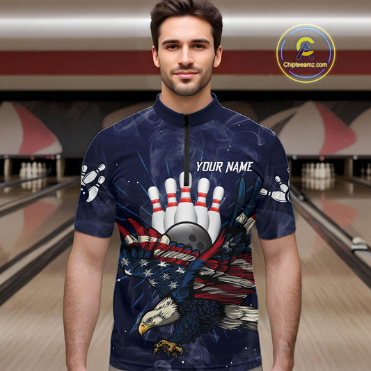 Blue Smoke American Flag Eagle Bowling Shirts For Men Custom patriotic Bowling Team Jersey NQS11288