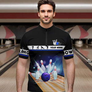 Black and Blue Bowling Polo, Quarter Zip shirts For Men custom bowling team jersey, Gift for Bowlers NQS9415