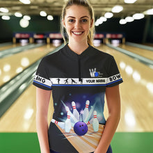 Load image into Gallery viewer, Black and Blue Bowling Polo, Quarter Zip shirts For Women custom bowling team jersey, Gift for Bowlers NQS9415