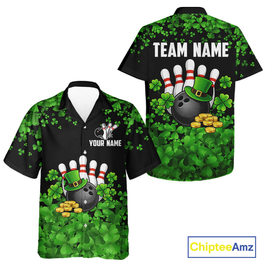 Custom Green clover pattern Hawaiian Bowling shirts, St Patrick's Day bowling apparel, bowling gifts NQS11512