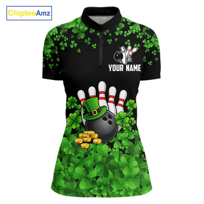 Custom Green clover pattern Bowling shirts for Women, St Patrick's Day bowling apparel, bowling gifts NQS11512