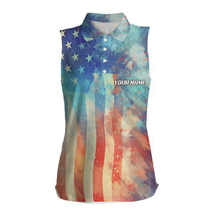 Womens sleeveless polo shirt American flag Fourth of july custom patriotic golf shirt for ladies NQS5792