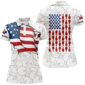 Patriotic Women's Polo Bowling Shirt, Custom Ladies Bowlers Jersey Short Sleeve American Flag NQS5794