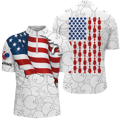 Patriotic Men's Bowling Shirt Quarter-Zip, American Flag Custom Name Bowlers Jersey Short Sleeve NQS5794