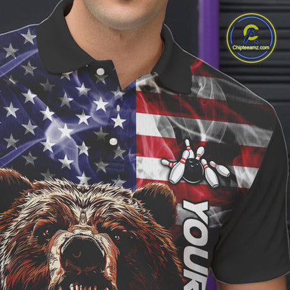 American Flag Bear Bowling Polo, Quarter Zip Shirts for Men Custom patriotic Team Bowling jerseys NQS10287