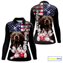 Load image into Gallery viewer, American Flag Bear Bowling Polo, Quarter Zip Shirts for Women Custom patriotic Team Bowling jerseys NQS10287