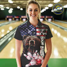 Load image into Gallery viewer, American Flag Bear Bowling Polo, Quarter Zip Shirts for Women Custom patriotic Team Bowling jerseys NQS10287