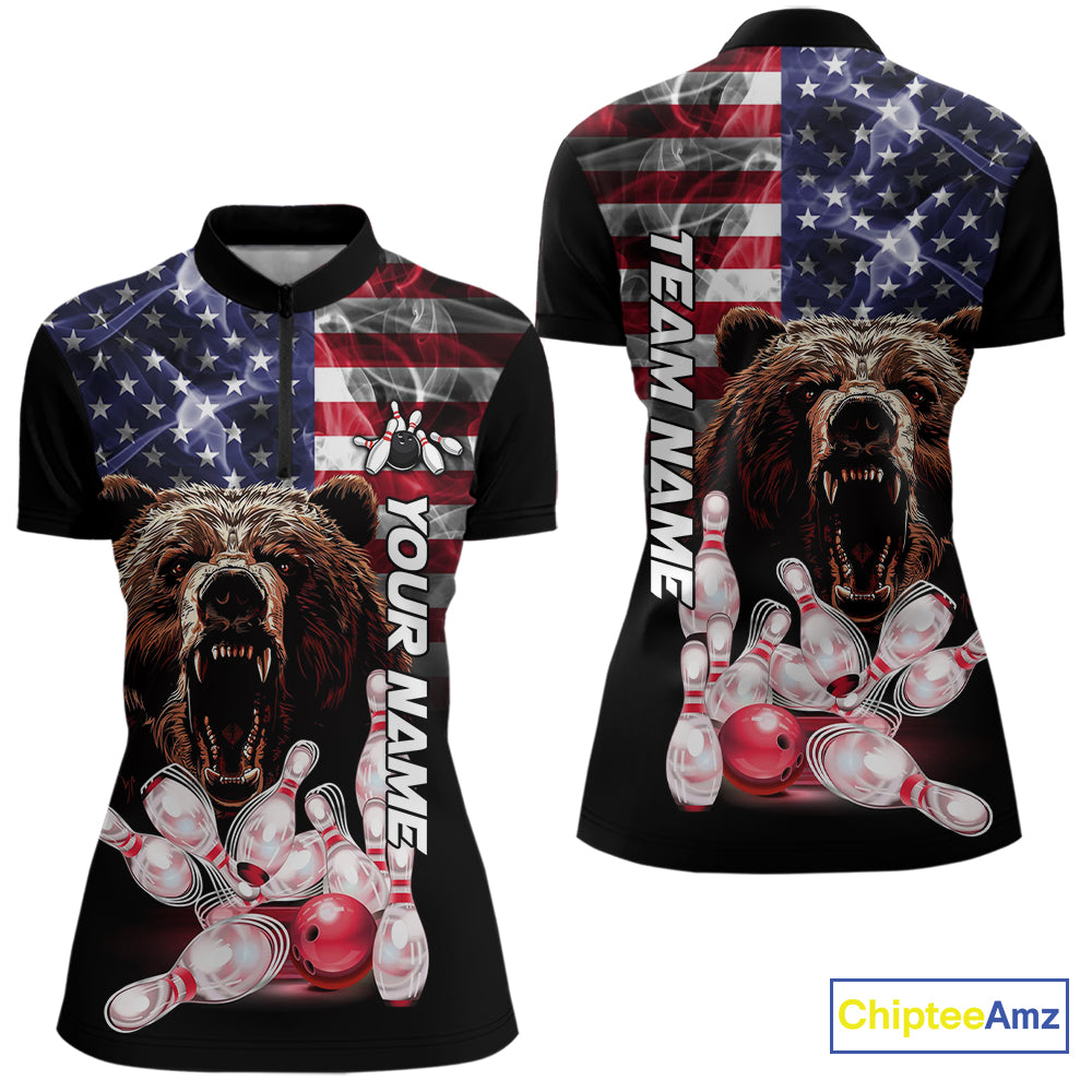 American Flag Bear Bowling Polo, Quarter Zip Shirts for Women Custom patriotic Team Bowling jerseys NQS10287