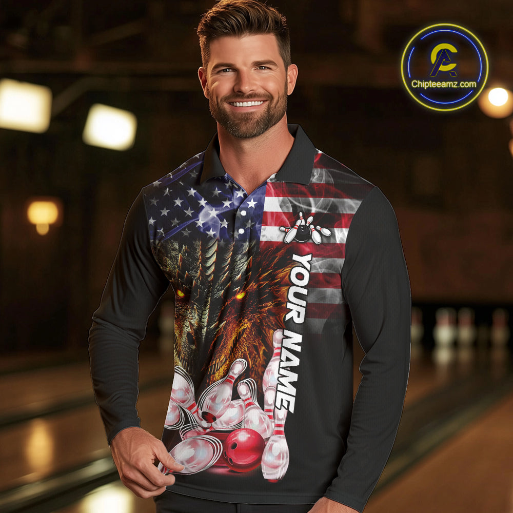 American Flag Dragon Bowling Polo, Quarter Zip Shirts for Men Custom patriotic Team Bowling jerseys NQS10288