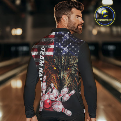 American Flag Dragon Bowling Polo, Quarter Zip Shirts for Men Custom patriotic Team Bowling jerseys NQS10288
