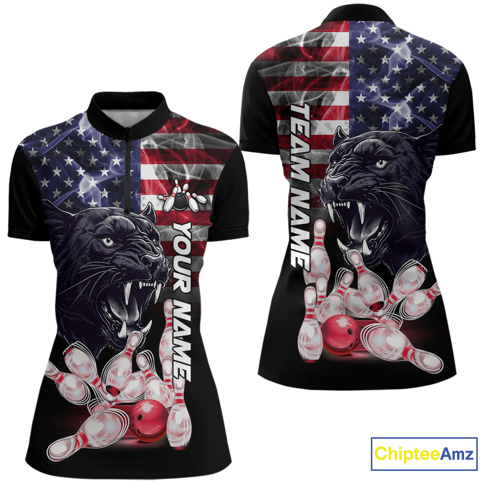 American Flag Panther Bowling Polo, Quarter Zip Shirts for Women Custom patriotic Team Bowling jerseys NQS10289