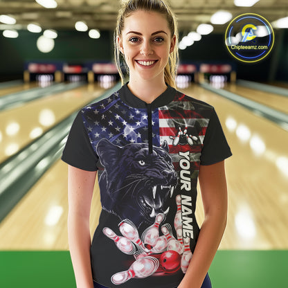 American Flag Panther Bowling Polo, Quarter Zip Shirts for Women Custom patriotic Team Bowling jerseys NQS10289