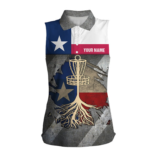 Women sleeveless polo disc golf shirt custom Texas flag disc golf basket, disc golf gifts for ladies NQS8512