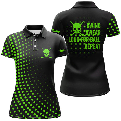 Womens golf polo shirts custom swing swear look for ball repeat dot pattern skull golf shirt | Green NQS8515