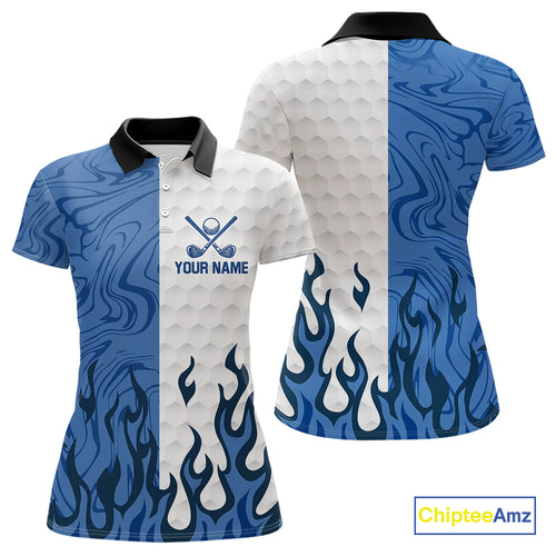 White and Blue Camo Flame Women Golf Polo Shirt Custom golf attire for ladies, personalized golf gift NQS10709