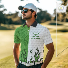 Load image into Gallery viewer, White and Green Camo Flame Mens Golf Polo Shirt Custom golf attire for men, personalized golf gifts NQS10710