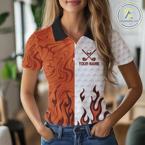White & Orange Camo Flame Women Golf Polo Shirt Custom golf attire for ladies personalized golf gift NQS10711