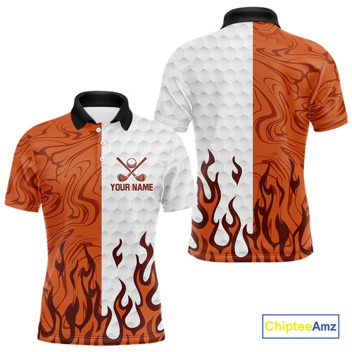 White and Orange Camo Flame Mens Golf Polo Shirt Custom golf attire for men, personalized golf gifts NQS10711