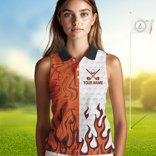 White and Orange Camo Flame Women Sleeveless Golf Polo Shirt Custom golf attire for ladies golf gift NQS10711
