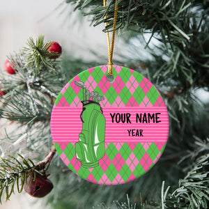 Pink and Green argyle pattern Christmas ornament custom name and year personalized golf ornament NQS8765