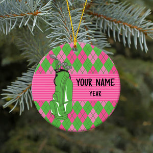 Pink and Green argyle pattern Christmas ornament custom name and year personalized golf ornament NQS8765