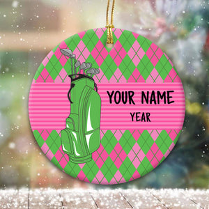 Pink and Green argyle pattern Christmas ornament custom name and year personalized golf ornament NQS8765