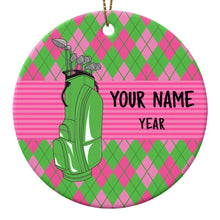 Load image into Gallery viewer, Pink and Green argyle pattern Christmas ornament custom name and year personalized golf ornament NQS8765