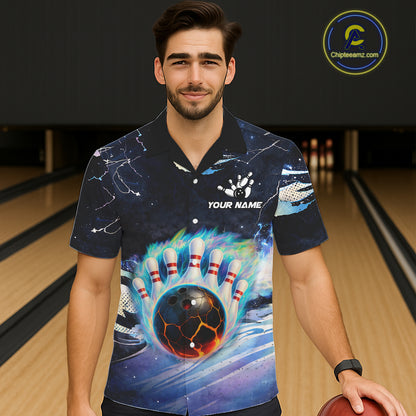 Blue hologram flame Bowling Hawaiian Shirt Custom Bowling Team Button up shirt NQS11295