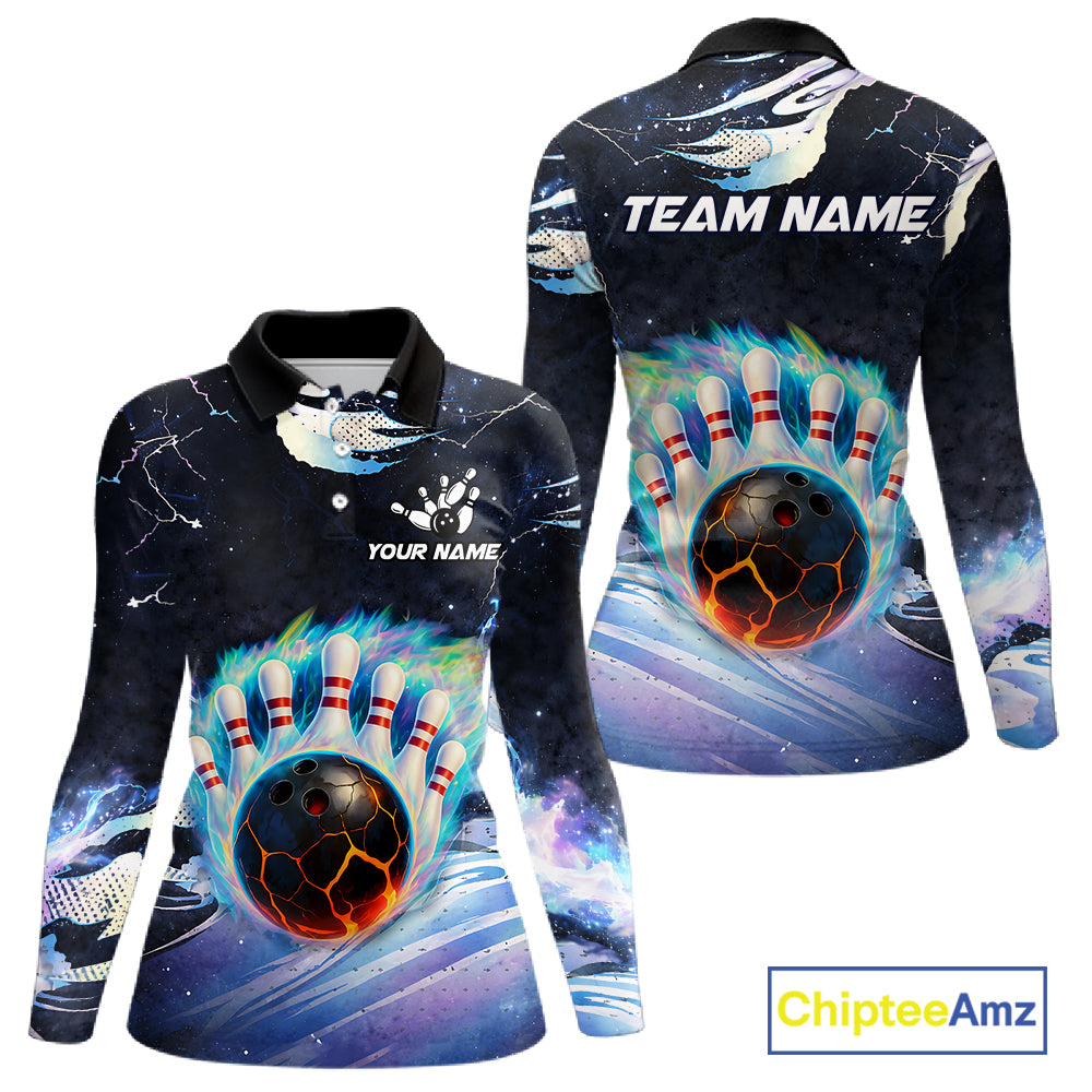 Blue hologram flame Bowling polo, 1/4 zip Shirts for Women Custom Bowling Team jerseys NQS11295