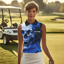 Load image into Gallery viewer, Black and Blue Skull Golf Custom Women Sleeveless polo shirt, personalized golf jerseys for team NQS9584