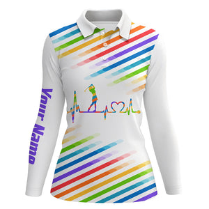 Womens golf polo shirt custom name colorful rainbow golf heartbeat tournament ladies white golf tops NQS5528