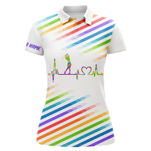 Womens golf polo shirt custom name colorful rainbow golf heartbeat tournament ladies white golf tops NQS5528