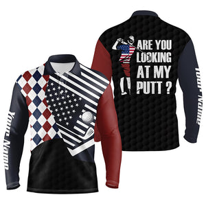 American flag red white blue argyle pattern Mens golf polo shirts custom are you looking at my putts NQS5799