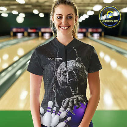 Purple and Black Bear grunge Custom Women Bowling Polo, 1/4 Zip Shirts Bowling Team Jerseys Outfits NQS10167