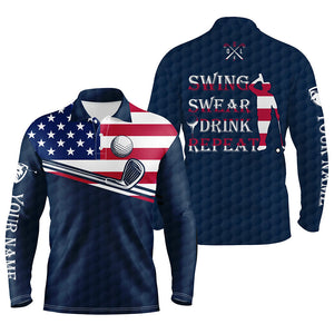 Mens golf polo shirt swing swear drink repeat custom name blue navy American flag men golf shirts NQS6192