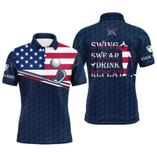 Load image into Gallery viewer, Mens golf polo shirt swing swear drink repeat custom name blue navy American flag men golf shirts NQS6192