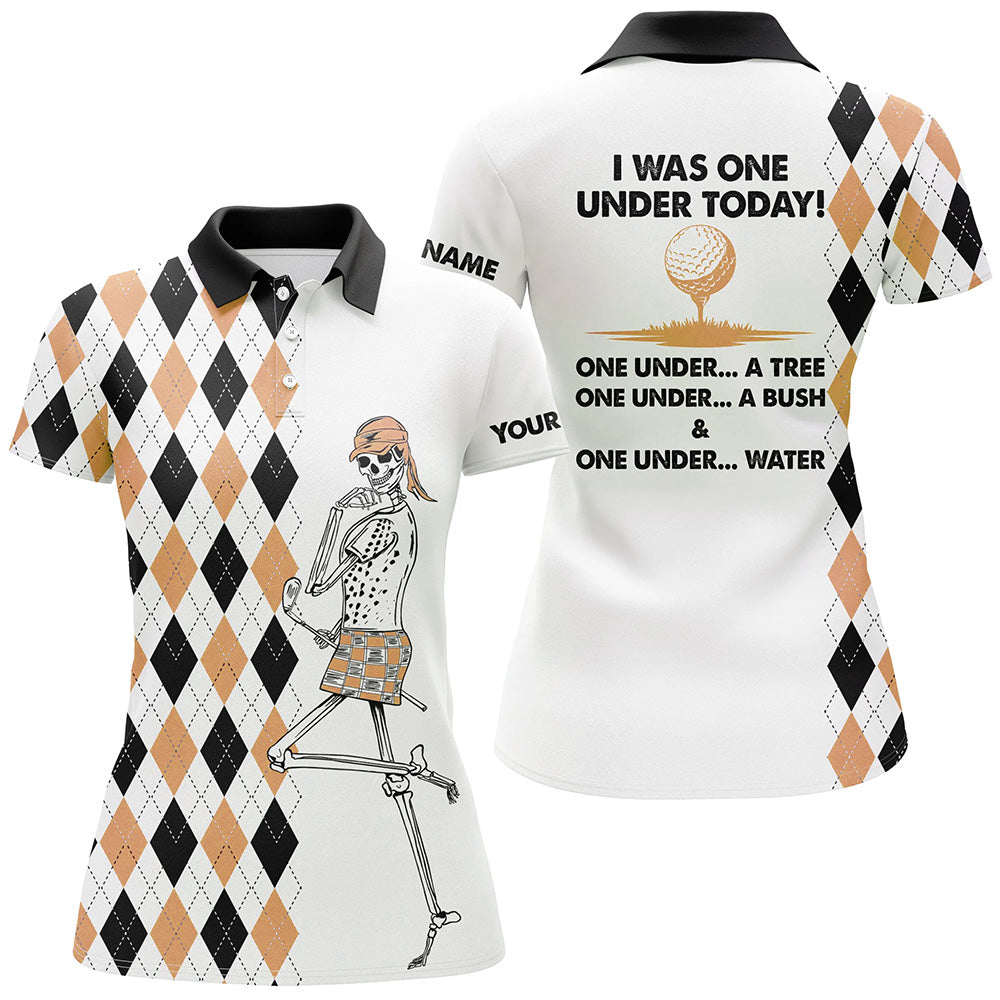 Golf skull women golf polo shirts custom I was one under today one under a tree, bush, water | Orange NQS6198