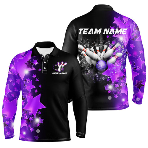 Men bowling Polo, Quarter Zip shirts Custom Purple Stars Bowling Team Bowlers Jersey NQS8527