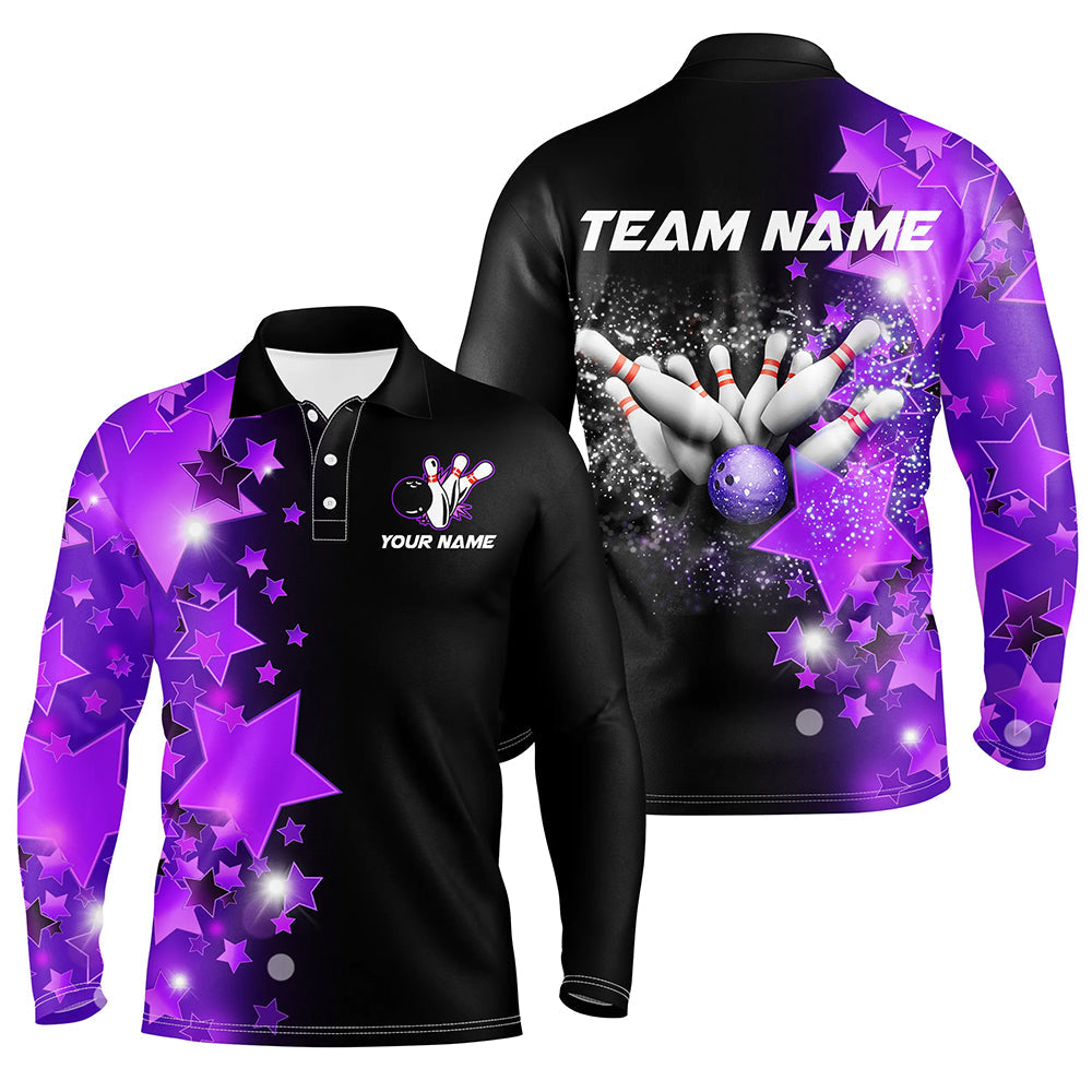 Men bowling Polo, Quarter Zip shirts Custom Purple Stars Bowling Team Bowlers Jersey NQS8527