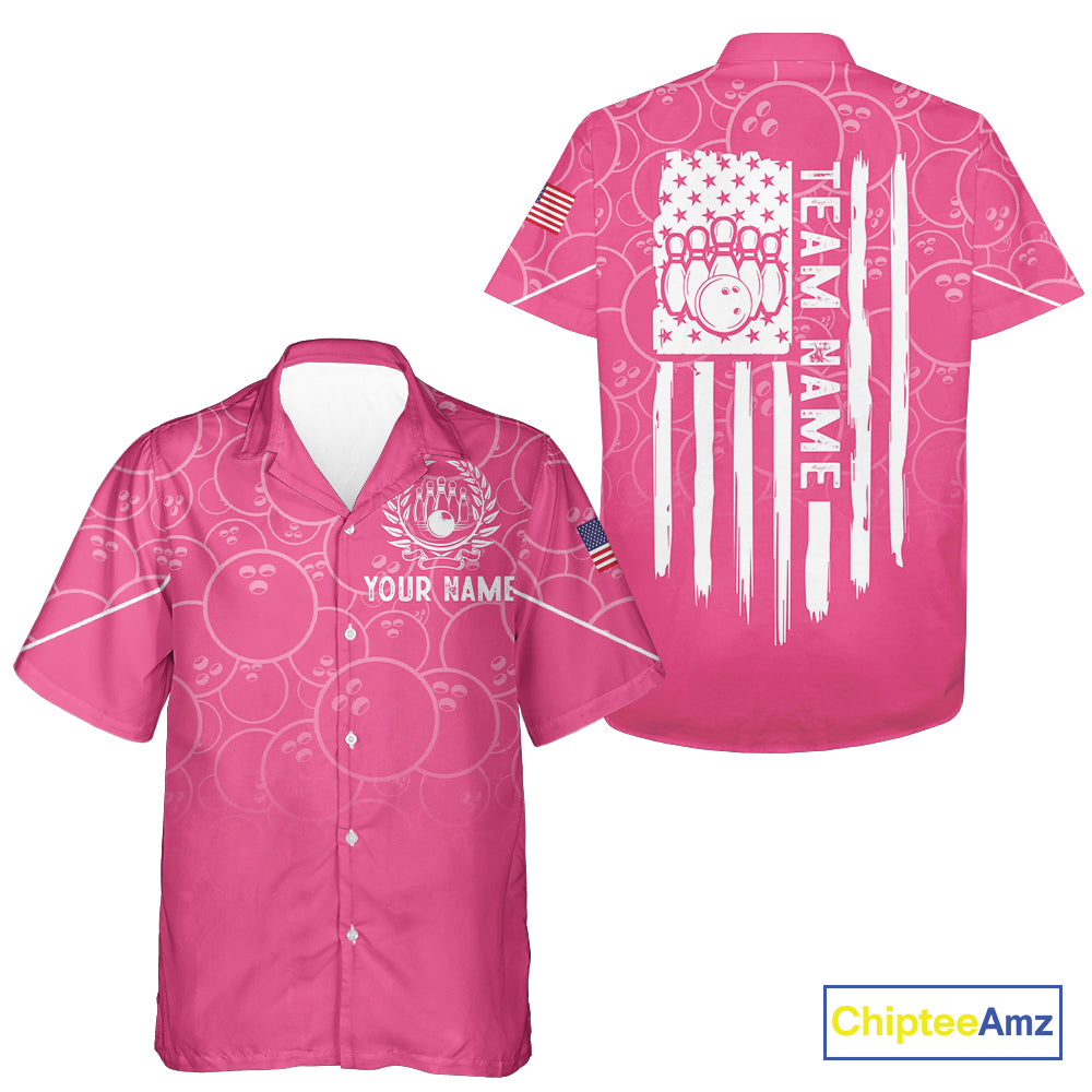 Pink bowling camo Bowling Hawaiian Shirt Custom American flag patriotic bowling team league jerseys NQS10714