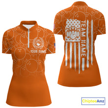 Load image into Gallery viewer, Orange bowling camo Womens bowling shirts Custom American flag patriotic bowling team league jerseys NQS10715