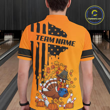 Load image into Gallery viewer, Personalized American Flag Turkey Autumn Bowling Shirts For Men, Thanksgiving Bowling Team Uniform NQS10721