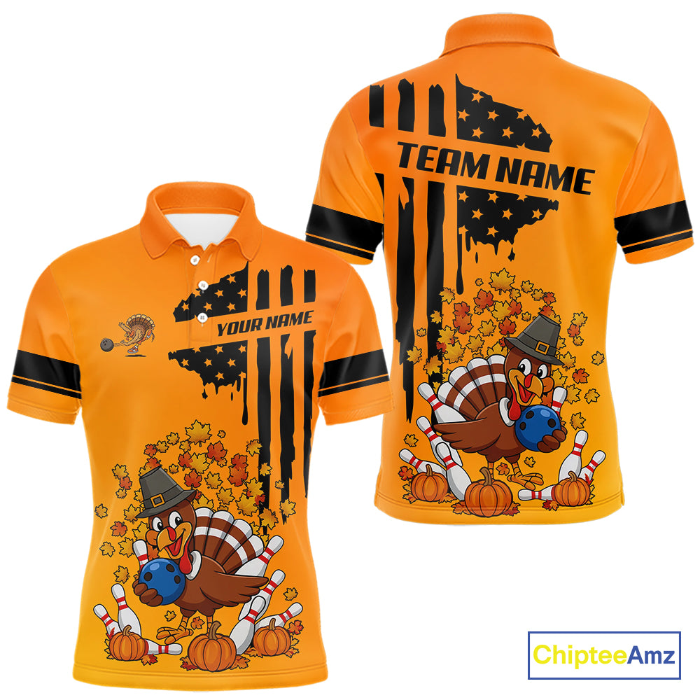 Personalized American Flag Turkey Autumn Bowling Shirts For Men, Thanksgiving Bowling Team Uniform NQS10721
