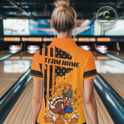Personalized American Flag Turkey Autumn Bowling Shirts For Women, Thanksgiving Bowling Team Uniform NQS10721