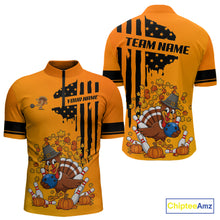 Load image into Gallery viewer, Personalized American Flag Turkey Autumn Bowling Shirts For Men, Thanksgiving Bowling Team Uniform NQS10721