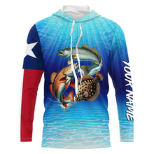 Load image into Gallery viewer, Personalized Texas Slam Redfish, trout, flounder Long Sleeve Performance Texas flag Fishing Shirt NQS6678