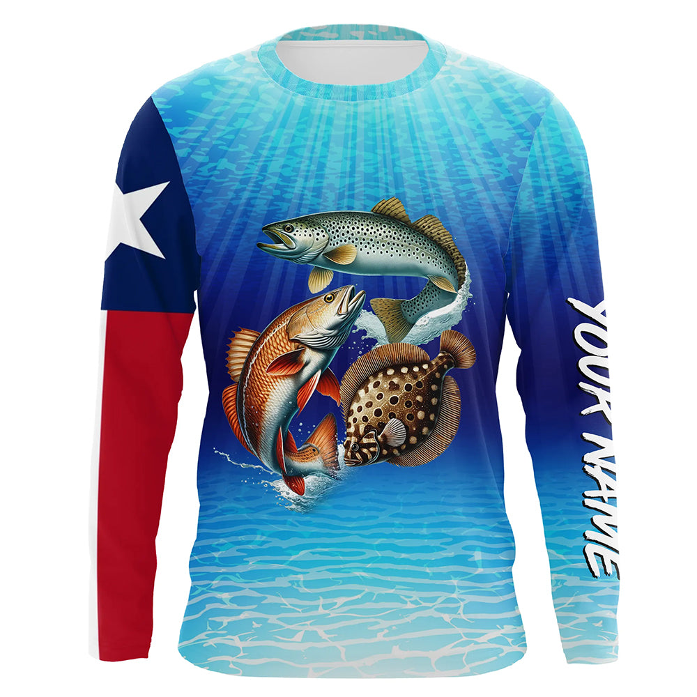 Personalized Texas Slam Redfish, trout, flounder Long Sleeve Performance Texas flag Fishing Shirt NQS6678