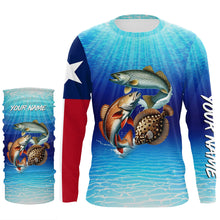 Load image into Gallery viewer, Personalized Texas Slam Redfish, trout, flounder Long Sleeve Performance Texas flag Fishing Shirt NQS6678