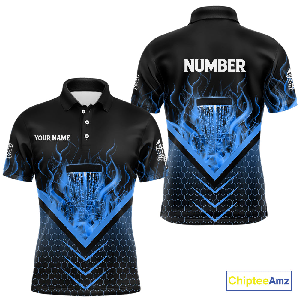 Black and Blue Fire Mens Disc golf polo shirts custom flame disc golf basket jerseys, disc golf shirt NQS10922